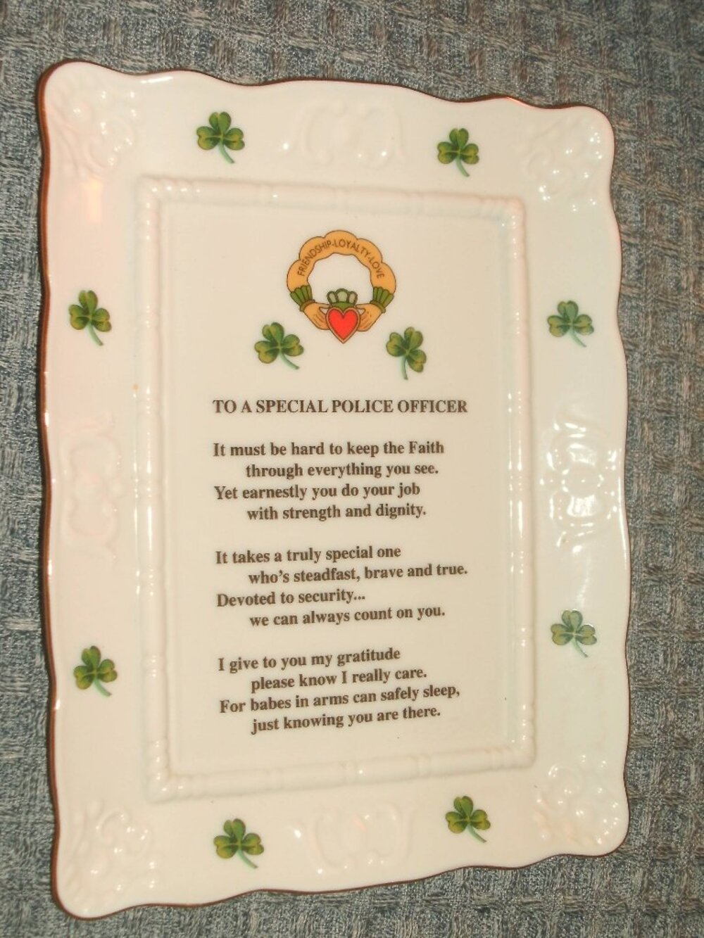 Irish Shamrock Ceramic Tray Plaque Police Office Prayer Friendship Loyalty Love